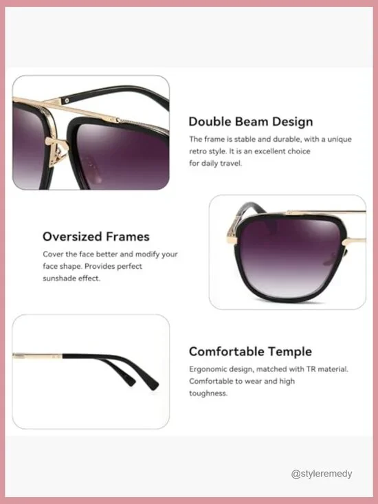 Oversized Square Aviator Sunglasses Gold Alloy Frame UV 400 Protection - Picture 4 of 7